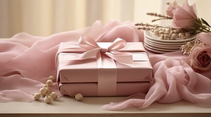 pink gift box with pink ribbon in room, Generative Ai