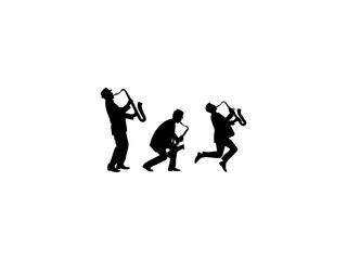 Fototapeta na wymiar Saxophone player silhouette. Set of jazz musician silhouette in various poses. Man with saxophone silhouette, jazz musician, silhouette of saxophonist with white background.