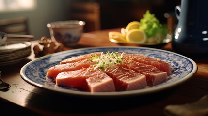 Salmon sashimi on a beautiful plate - obrazy, fototapety, plakaty