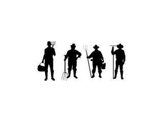 Farmer silhouettes vector. Vector silhouette of farmer with pitchfork. Vector silhouette of gardener isolated white background.