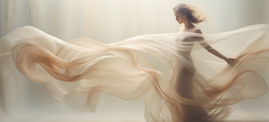 Fashion model with a huge silk veil. Art photograph for backgrounds. - obrazy, fototapety, plakaty
