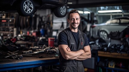 Fototapeta na wymiar Portrait of a skilled auto mechanic smiling, with a garage and automotive tools in the background