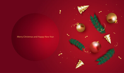 Christmas card with realistic gold trees, green branch and balls. Red Holiday winter x-mas banner with confetti vector design. Happy New Year poster.
