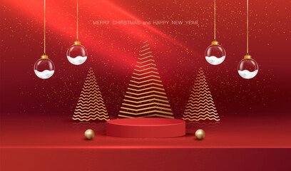 Merry Christmas and Happy New Year background with red podium, gold trees and snow globe glass balls. Holiday xmas red stage scene for display sale product vector.
- 690549223