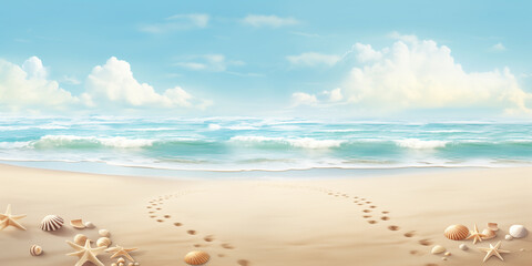 Fototapeta na wymiar Sandy beach with footprints, seashells, and room for text.