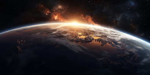 A space-themed image with the Earth and the sun rising, leaving room for text.