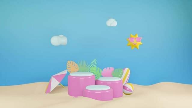 3D animation summer sales social media post template with podium, suitable for travel agency or product campaign