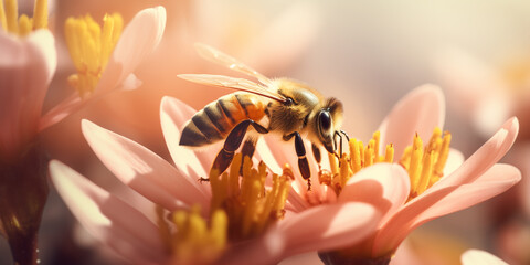 Close-up of a bee on a flower with space for text promoting bee conservation.  - obrazy, fototapety, plakaty