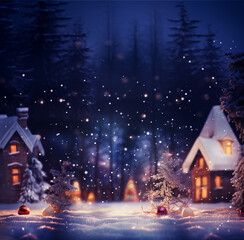 paysage hivernal en période des fêtes de fin d'année et de Noël. Forêt de grands sapins de nuit avec des maisons éclairées et de la neige. boules de noël. Copy space