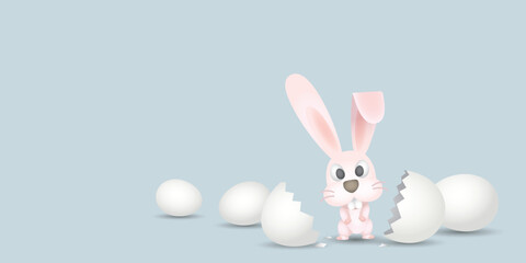 Little baby rabbit hatched from egg shell vector illustration. Happy Easter day template have blank space.