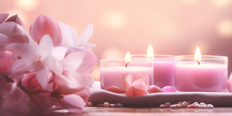 Create a serene background with defocused spa elements, such as candles and flowers, representing a relaxing Mother's Day.