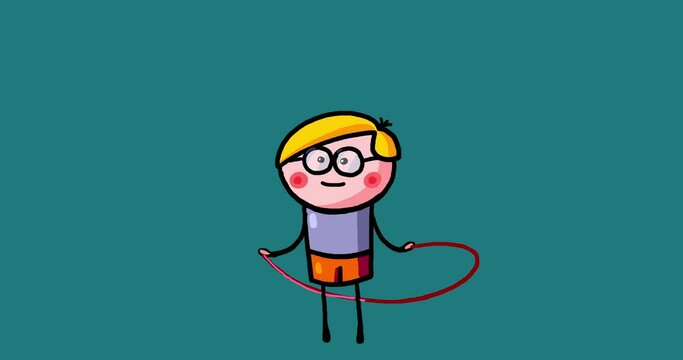 Cartoon kid character Yanec boy isolated skipping rope non stop loop play. Moving child serie transparent. Useful content presenter no background.