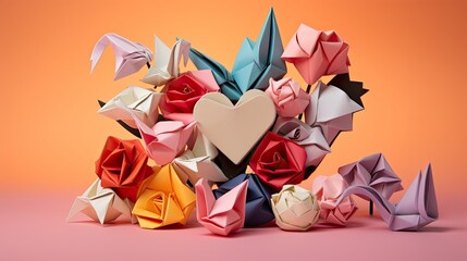 A delightful arrangement of colorful love-themed origami figures set against a pastel peach backdrop. 