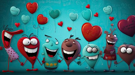 A humorous arrangement of cartoon Valentine's characters and speech bubbles spread over a teal...