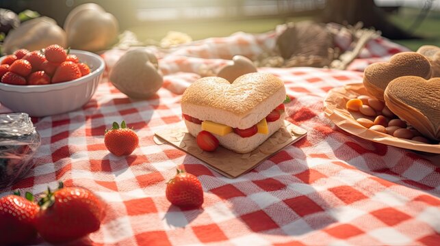 A cute Valentine's Day picnic layout with heart-shaped sandwiches and fruit arranged on a checkered cloth. 