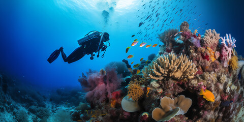 Naklejka na ściany i meble Divers exploring a colorful coral reef. 