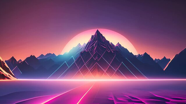 Trendy neon synth wave background with sunset sky, road and mountains, retro abstract horizontal background. Retro wave scene. AI generative.