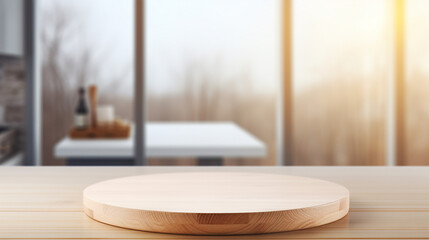 Obraz na płótnie Canvas Minimalist Round Wood Tabletop in Beautiful Interior Design - Empty Counter Space for Stylish Home Decoration and Modern Display Mockups.