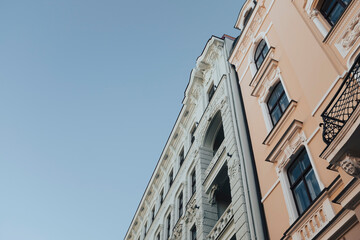 Fototapeta premium Beautiful and well preserved art nouveau modernist buildings in a beautiful street in Riga, Latvia