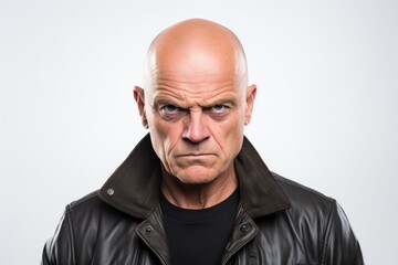 Bald man with a serious expression on his face. Studio shot against a white background.