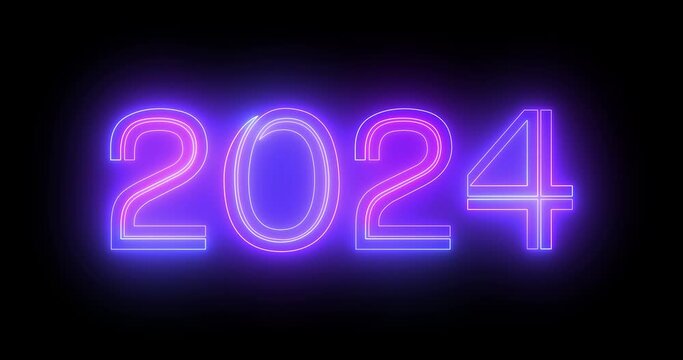 
4K 2024 Happy New Year Electric bright typography decoration fluorescent bg. Line moving celebration futuristic banner backdrop for 2024 in UHD black bg. Neon nightclub sign bg for New Year's Eve.
