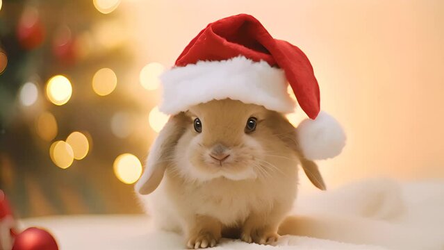 Portrait of a cute rabbit in Santa Claus hat. Christmas background. Ai generated.