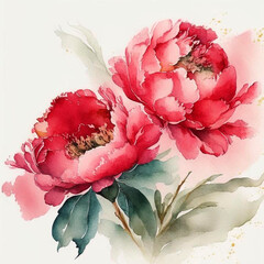 Peony flowers in watercolor style. Red and pink peony flowers in bloom.