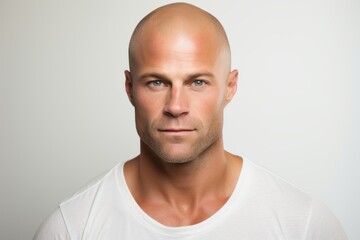 Portrait of a handsome bald man in white t-shirt.