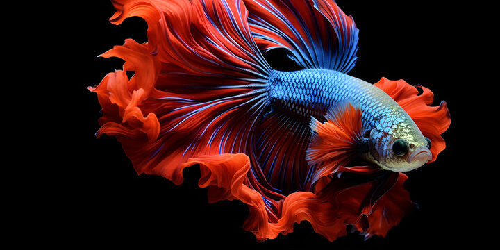 Beautiful colorful  Bright red and blue betta fish on black background Betta fish Colorful fighting Siamese fish with beautiful silk tail isolated on black Amazing exotic tropical fish  AI Generative 
