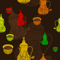 Editable Patterned Bulbous Dallah Coffee Pots and Finjan Cups Vector Illustration in Various Colors as Seamless Pattern With Dark Background for Arab Culture Tradition Cafe and Islamic Moments Design