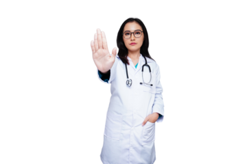 Young female doctor in white coat with stethoscope, medical student isolated transparent