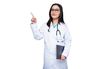 Beautiful medical student in white coat with stethoscope pointing upwards isolated transparent