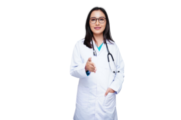 Young female doctor in white coat with stethoscope, medical student isolated transparent