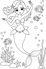 Hand-drawn illustration of kawaii mermaid princess is dancing coloring page for kids and adults. Mermaid colouring book	