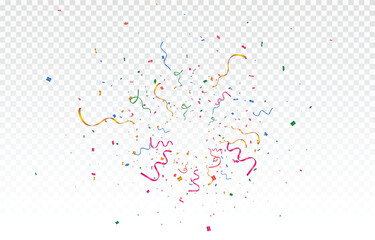 Confetti isolated on transparent background. Vector confetti png. Explosion of multi-colored confetti, clapperboard. Confetti, streamer, tinsel on a transparent background. Holiday, birthday.