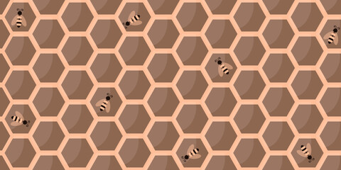 Peach fuzz Trendy Honeycomb seamless background with cartoon bee. Sweet honey Pastel ornament. Vector illustration can used wallpaper, textile, fabric print and web banner.