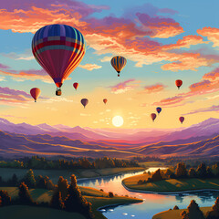 A cluster of hot air balloons over a sunrise