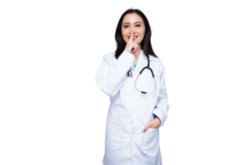Beautiful young female doctor in white coat with stethoscope asks patients and visitors to be quiet isolated transparent