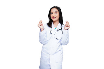 Medical student in white coat with stethoscope giving love sign to another person isolated transparent