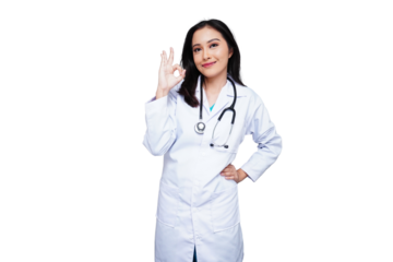 Young female doctor in a white coat with a stethoscope gives the okay sign isolated transparent