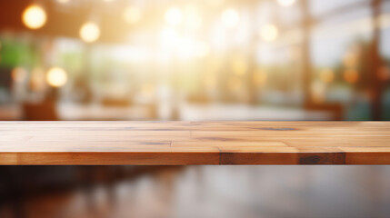 Minimalist Elegance: Empty Beautiful Wood Table Top with Natural Texture and Blur Bokeh Background - Ideal for Interior Design Concepts and Rustic Home Decoration in Vintage Style.