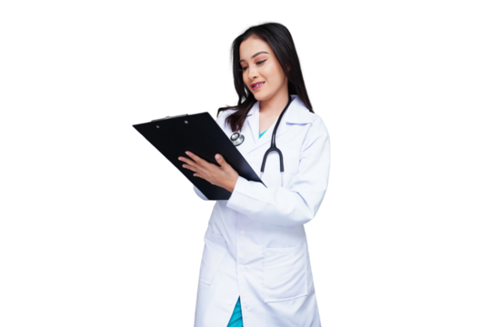 Beautiful young female doctor in white coat with stethoscope checking folder isolated transparent