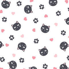 Seamless vector background of cute kittens, footprints and hearts.