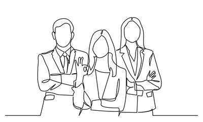 single line drawing of a group of businessmen and women standing, continuous line drawing of working people together in the office. Business team and teamwork concept. Isolated on a white background.
