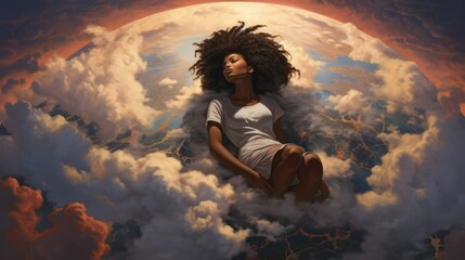 creative photo, black woman sleeping in space, wrapped in clouds