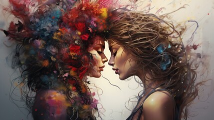 two girls stand facing each other, they have flowers in their hair
