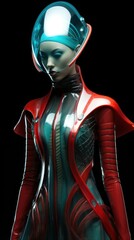 futuristic woman, cyberwoman in tight red futuristic outfits on dark background, future fashion concept