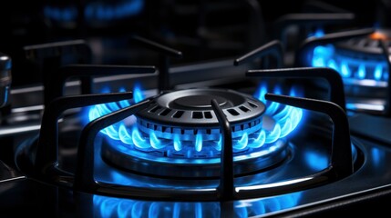 gas stove, the burner is on, blue gas is visible