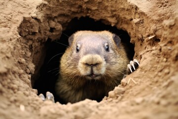 the groundhog crawled out of the hole, predicting the weather by omen, holiday concept - obrazy, fototapety, plakaty