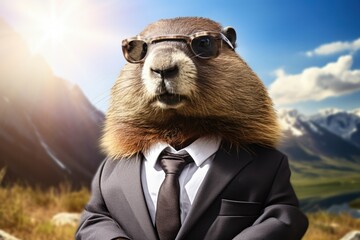 the groundhog in a suit and glasses crawled out of the hole, predicting the weather by omen, holiday concept - obrazy, fototapety, plakaty